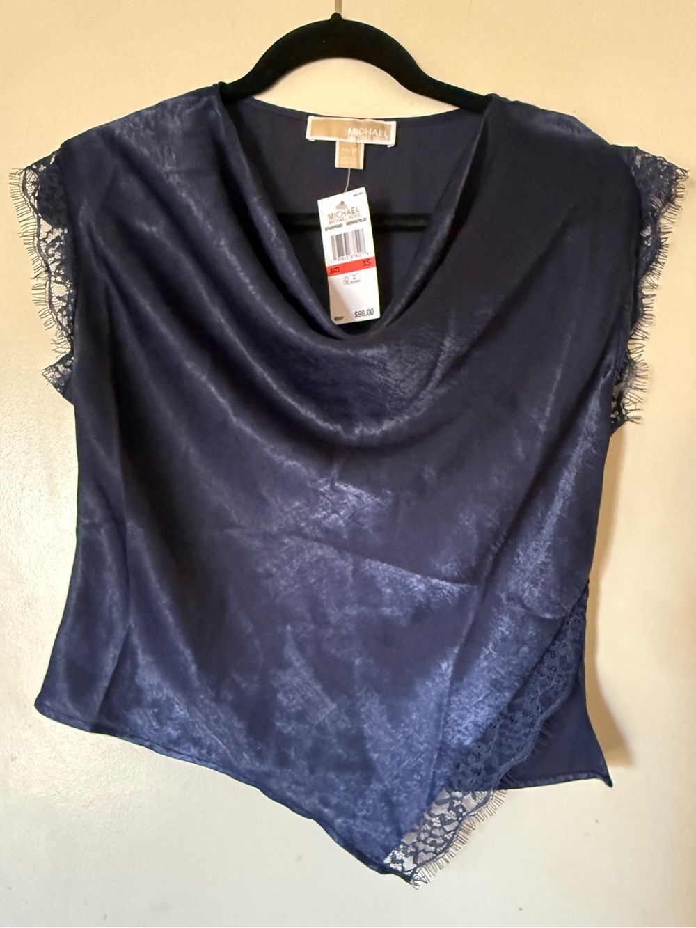 New Michael Kors Navy Satin Cowl-Neck Lace-Trim cap sleeve Camisole midnight XS